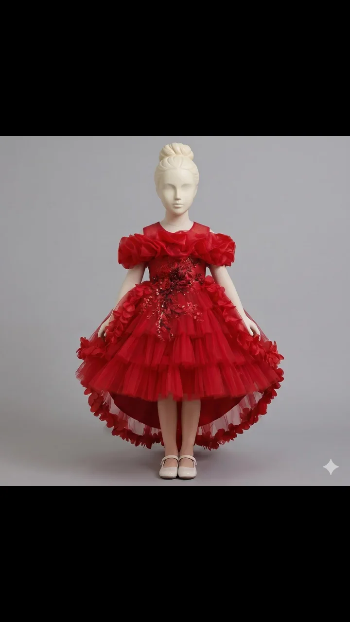 Generated product-video frame for a red dress